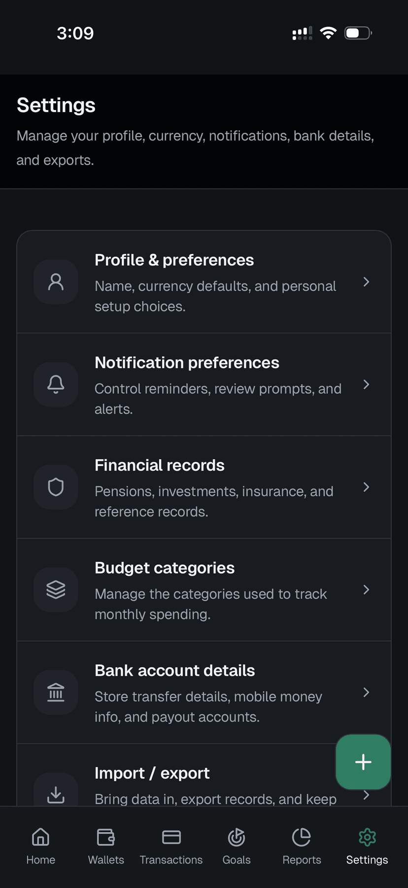 Finance Map mobile settings screen listing profile, notifications, financial records, categories, bank details, and import or export.