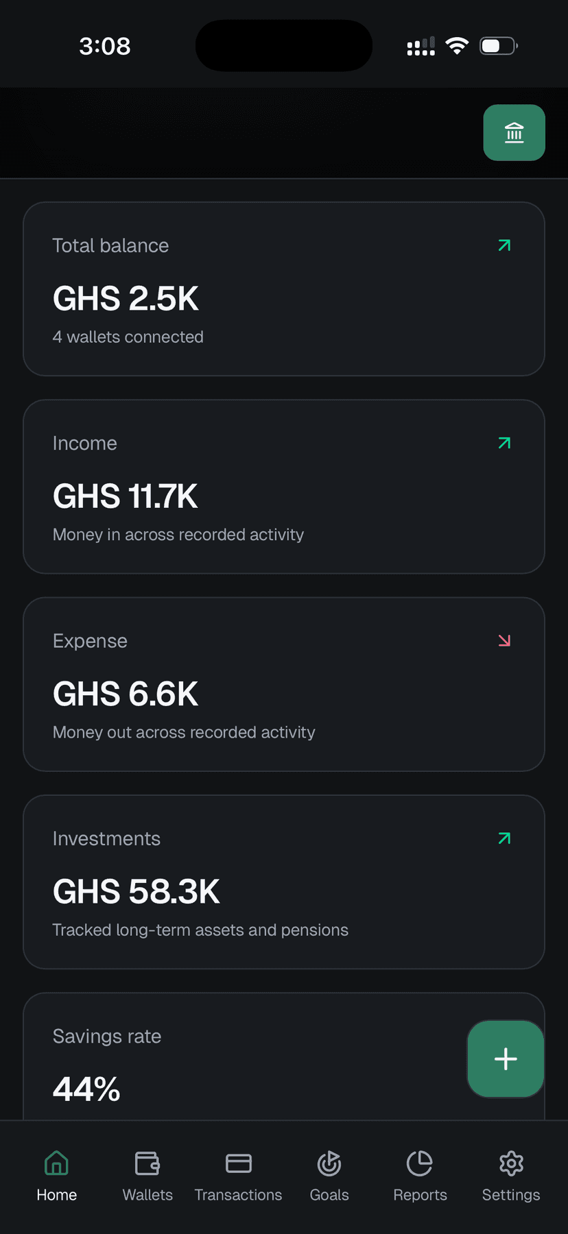 Finance Map mobile wallet summary screen showing total balance, income, expense, investments, and savings rate.